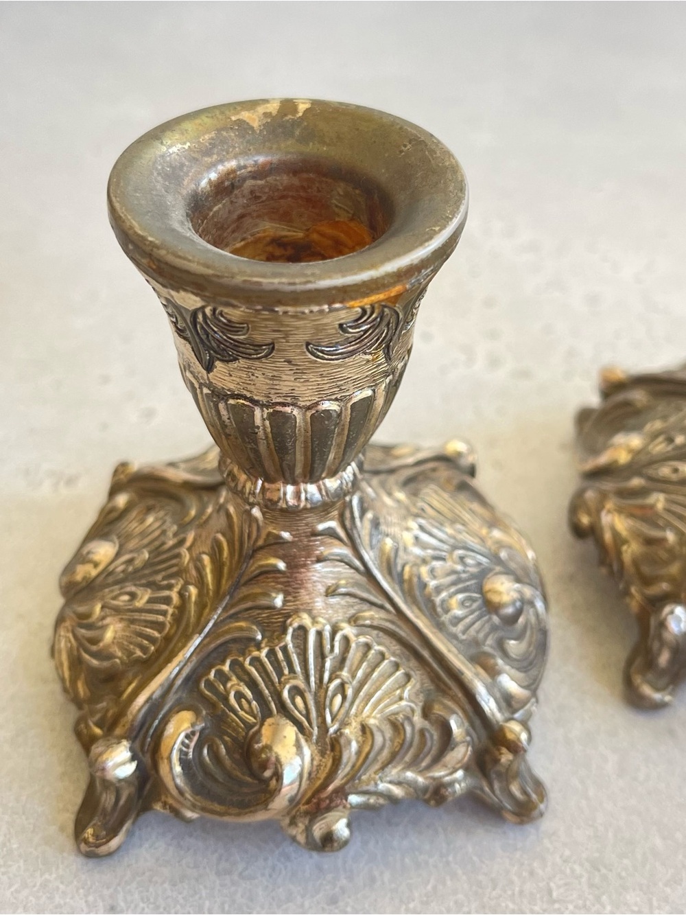 Set of 2 Silver Tone Metal Ornate Candle Holders Victorian Style Scroll Alter - Picture 2 of 8